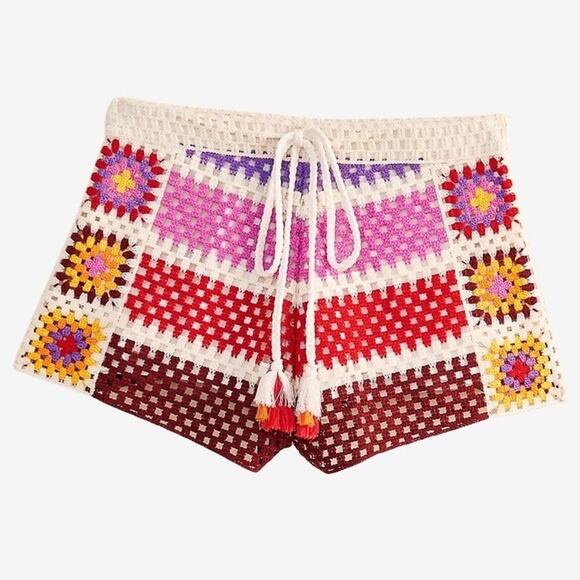 Farm Rio Mixed Stripes Crochet Knit Drawstring Shorts Multicolor Rainbow - Picture 13 of 14